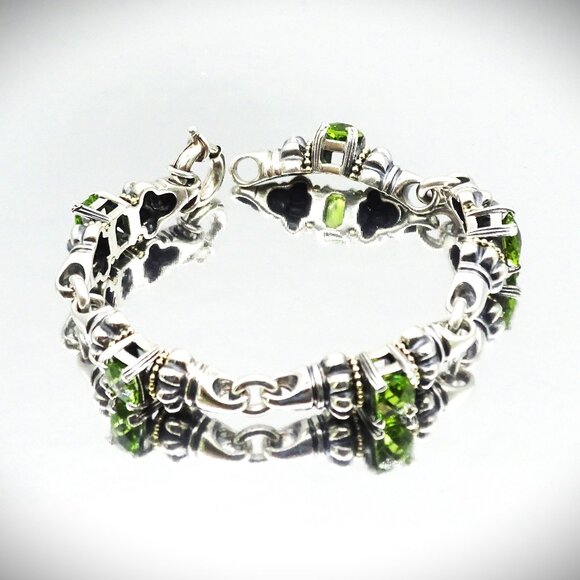 LAGOS Caviar Sterling Silver 18K Yellow Gold Faceted Green Peridot Link Bracelet - Picture 3 of 13